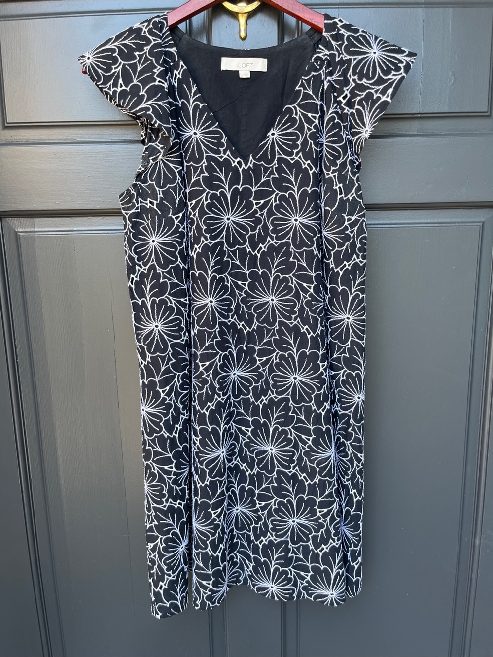 LOFT Black Dress with White Daisy Outline Print